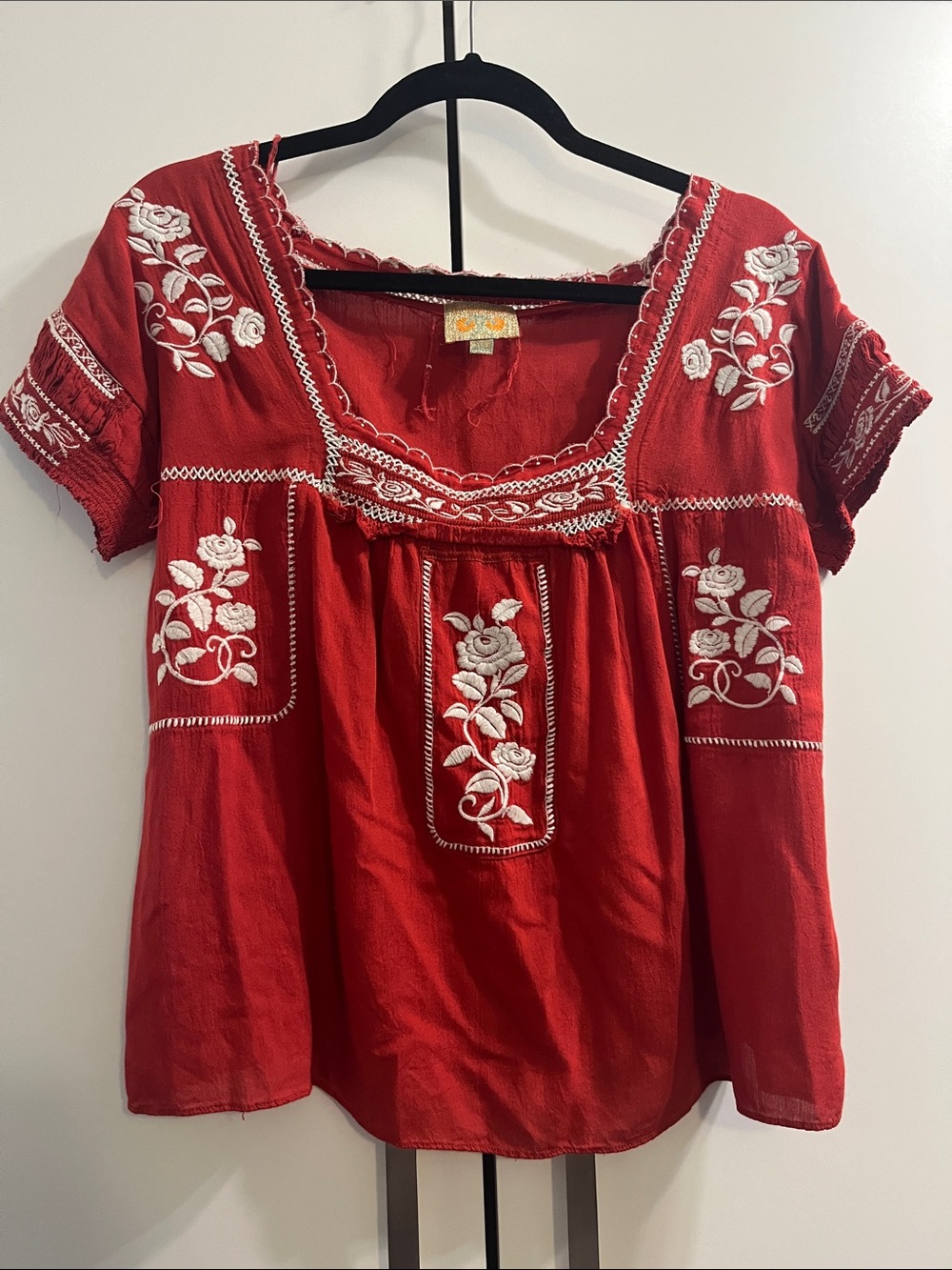 Boho Red Embroidered Peasant Top 100% Cotton Large